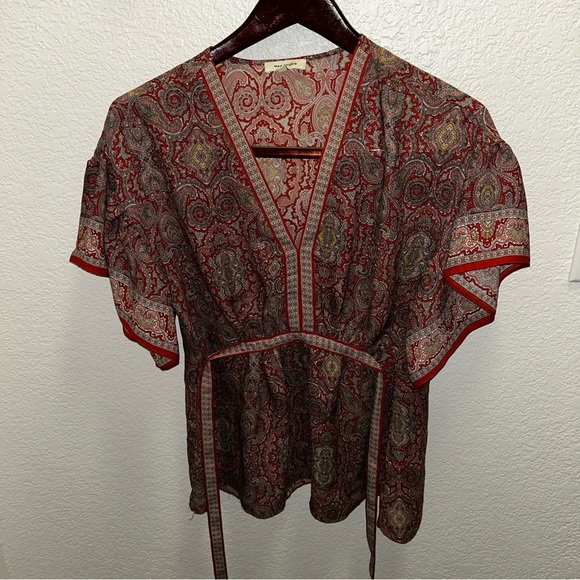 Max Studio Red and Brown Flutter Sleeve Wrap Blouse - Picture 5 of 8